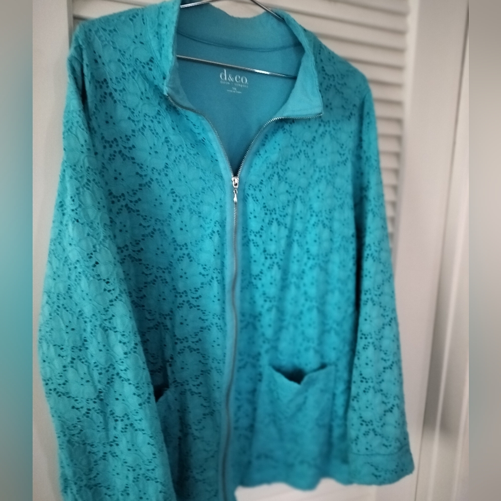 Denim & Co. Women's Teal Blue Lace Jacket 100% Cotton Lining Size 1X